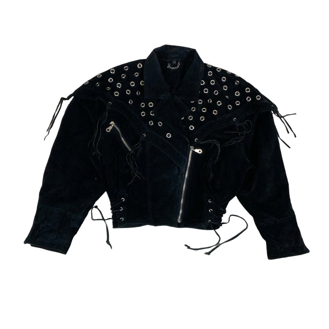 Vintage 90s ‘Yessica’ Black Suede Punk Tassel Studded Leather Jacket 12 14