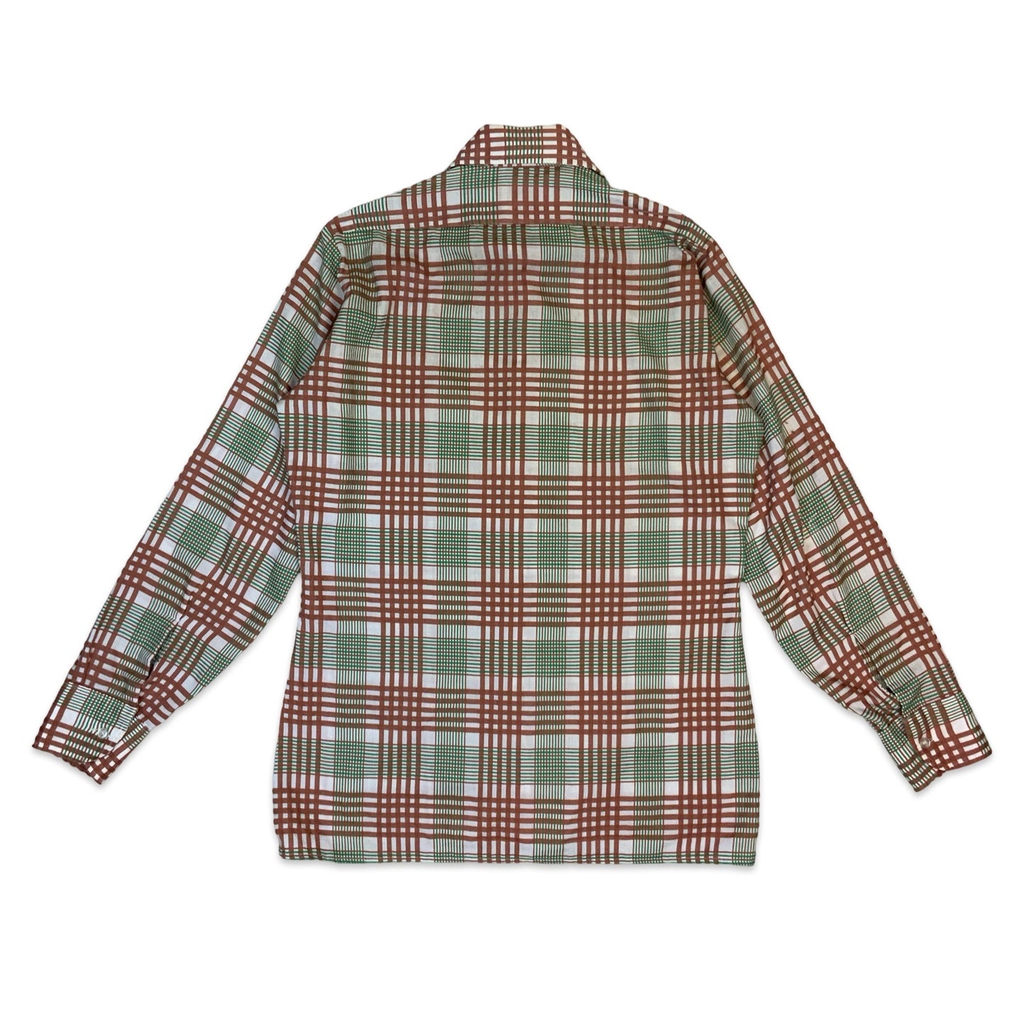 70s White Brown & Green Plaid Dagger Collar Shirt M