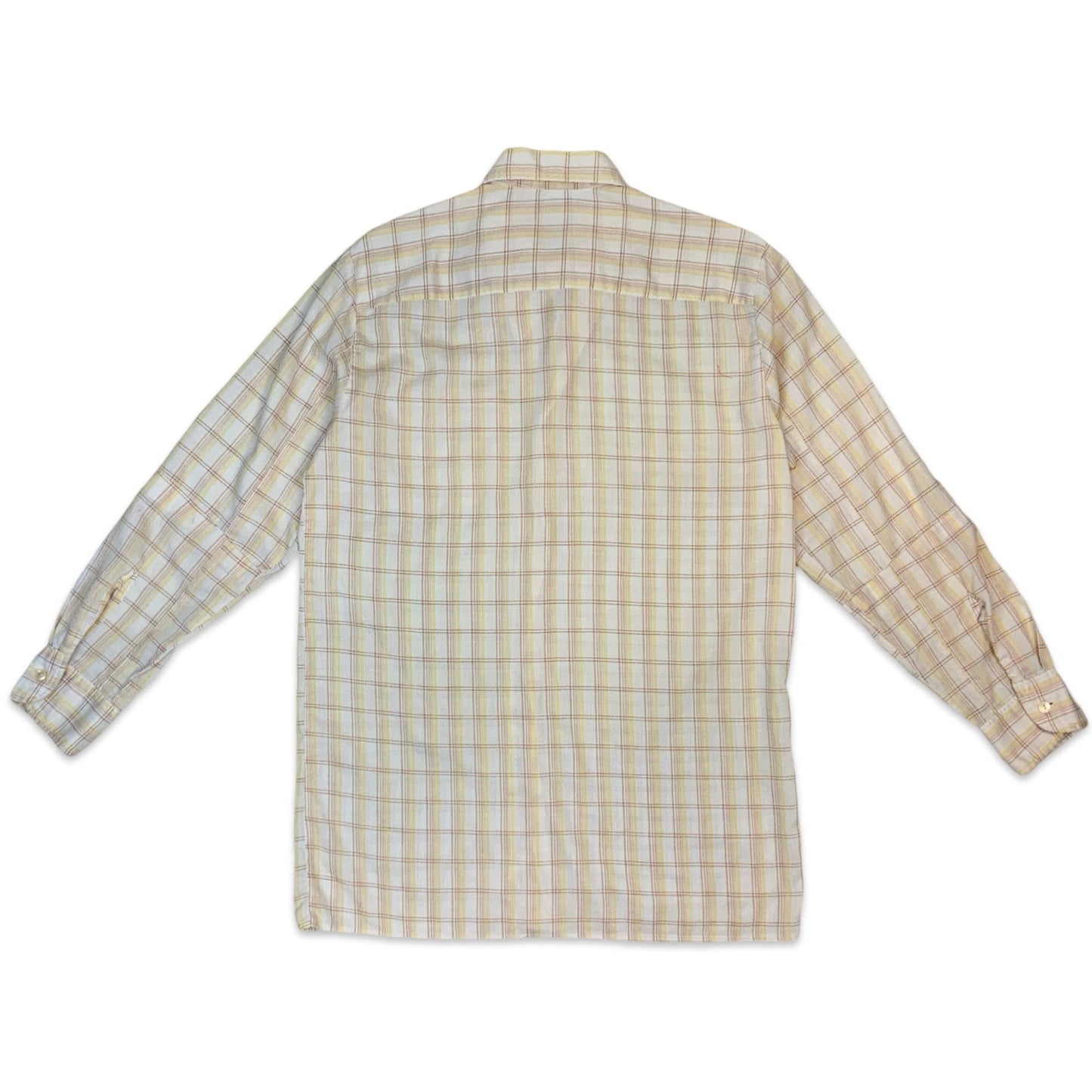 70s Cream Yellow Orange Plaid Dagger Collar Long Sleeve Shirt S M