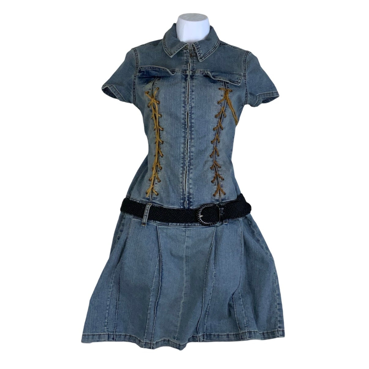 Vintage 2005 ‘Firhine Denim’ Blue Drop Waist Mini Denim Dress 10