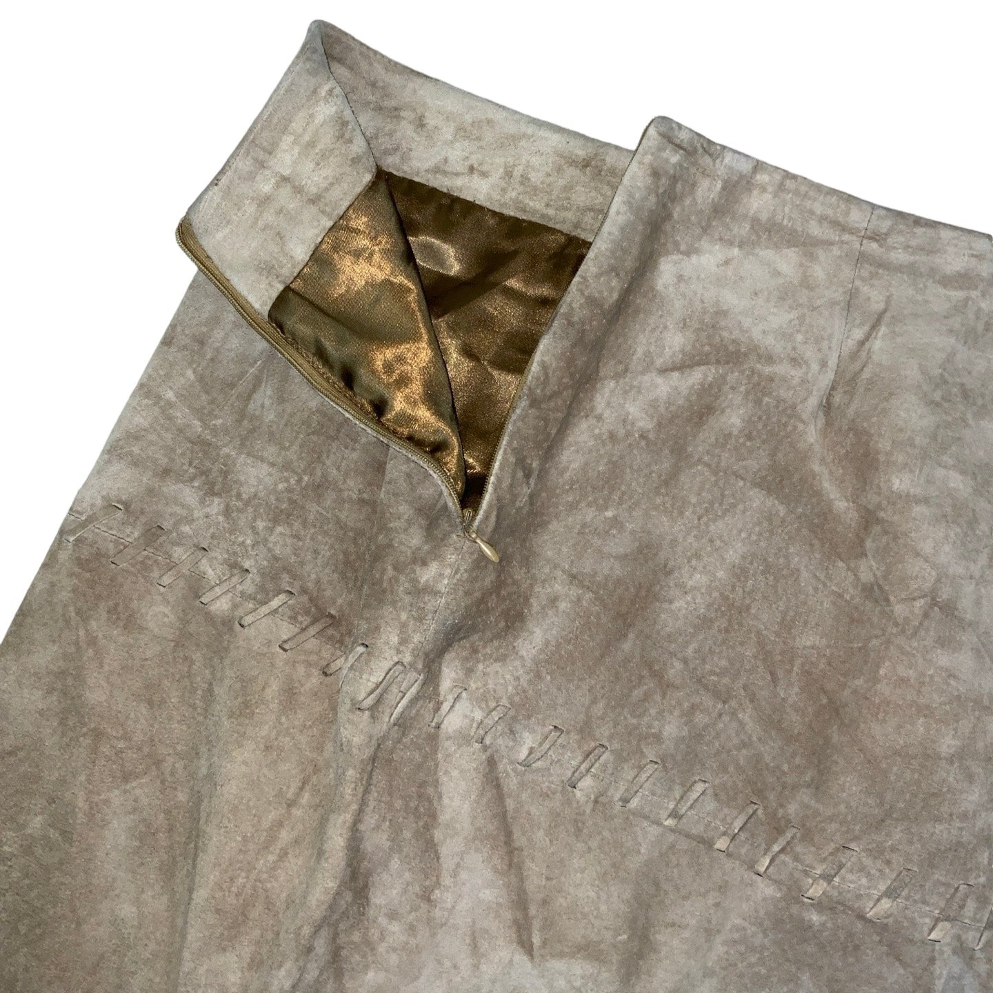 Vintage 70s 80s ‘Miss Etam’ Beige Embroidered Suede Midi Skirt 10 12