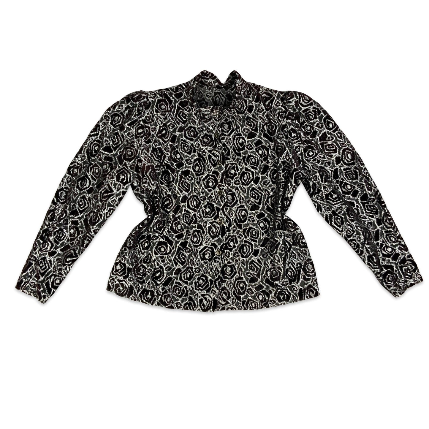 80s Sheer Black & Silver Floral Blouse 10 12 14 16