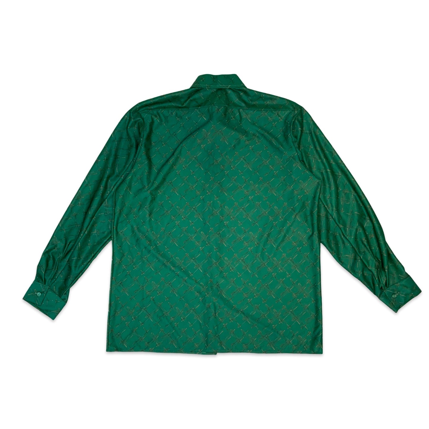 70s Green & Gold Riding Crop Print Dagger Collar Shirt XL