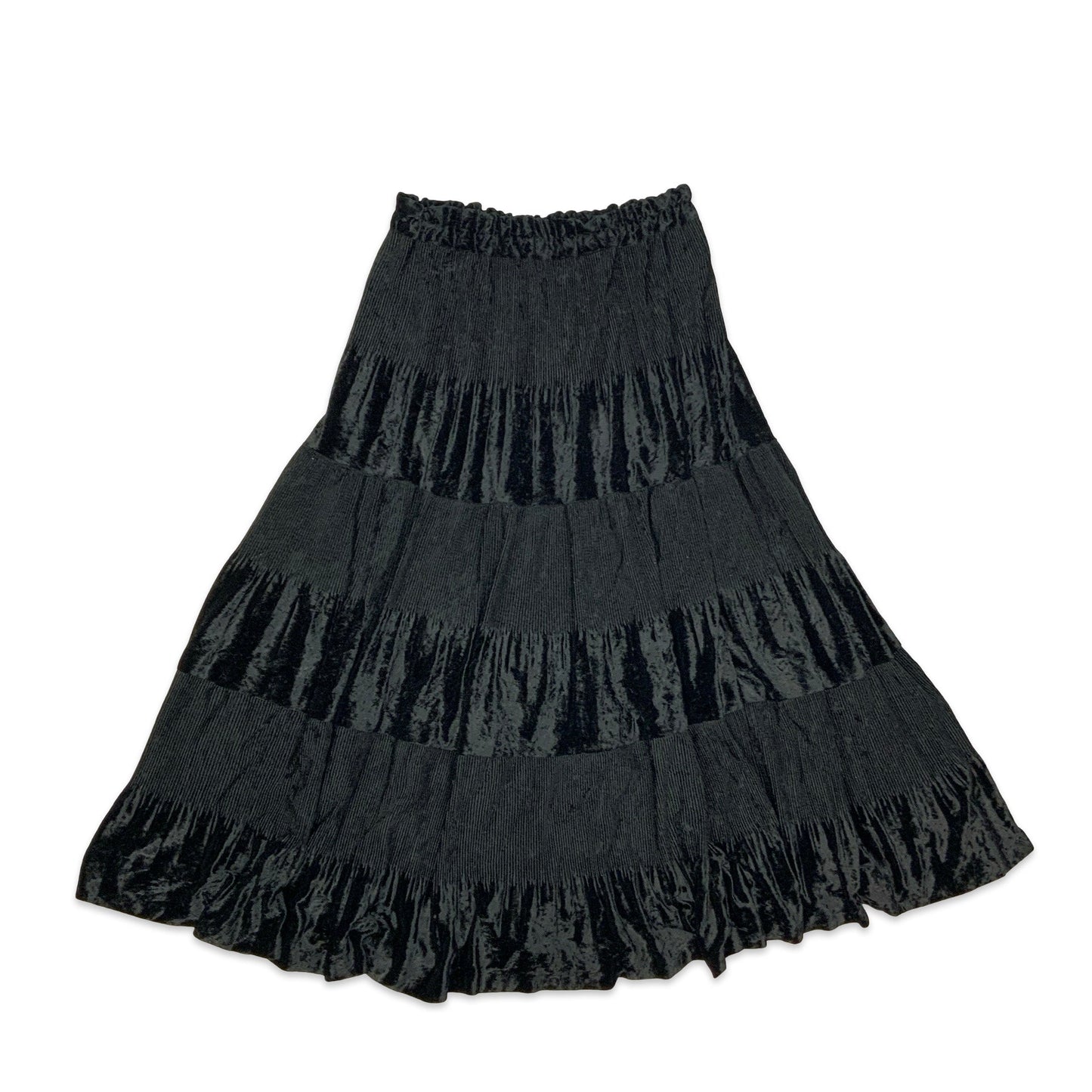 90s Black Velvet Tiered Pleated Maxi Skirt 10-18