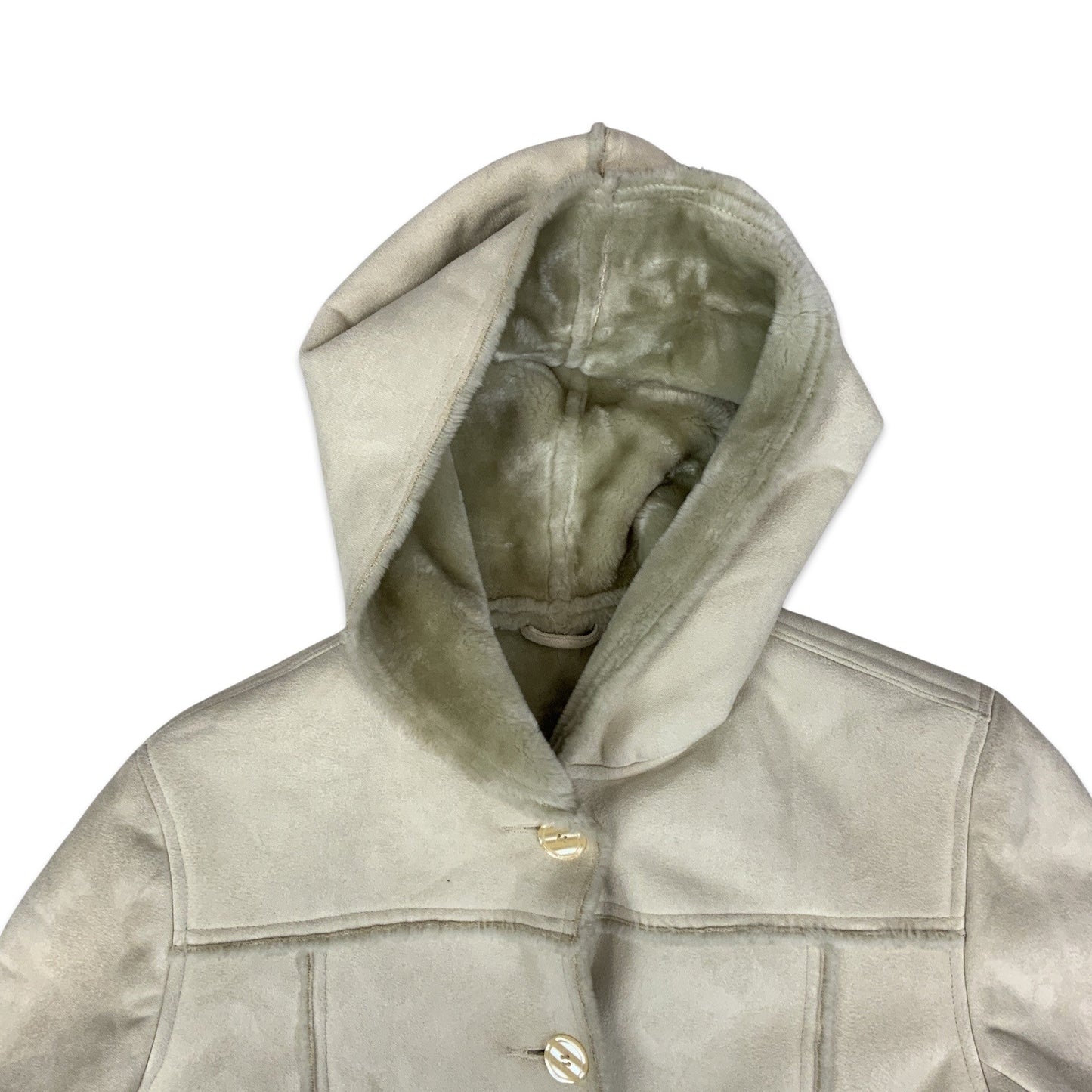 Vintage 90s Cream Hooded Sheepskin Shearling Coat 14 16