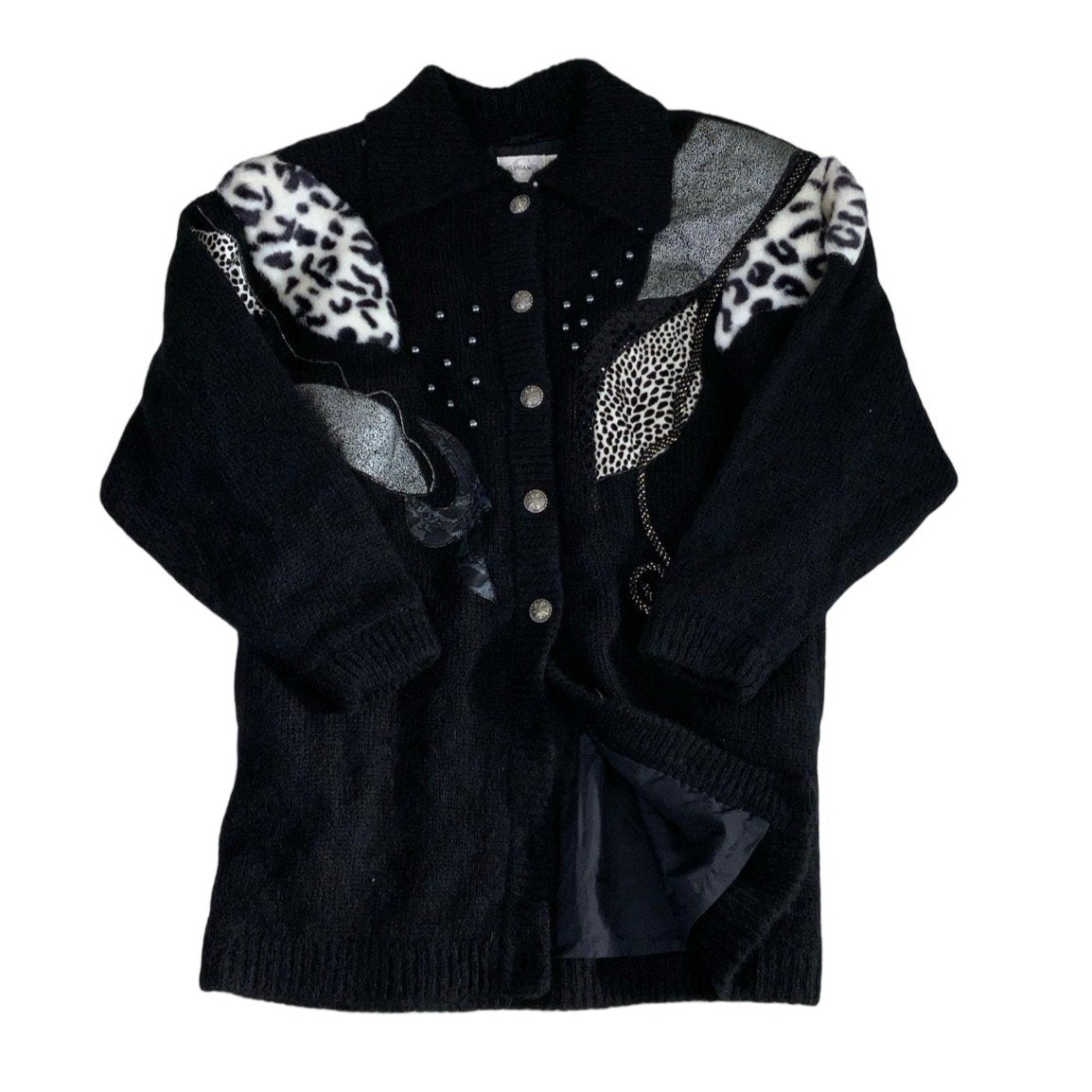 Vintage ‘G. Pisano’ Black Animal Print Beaded Cardigan L 14 16