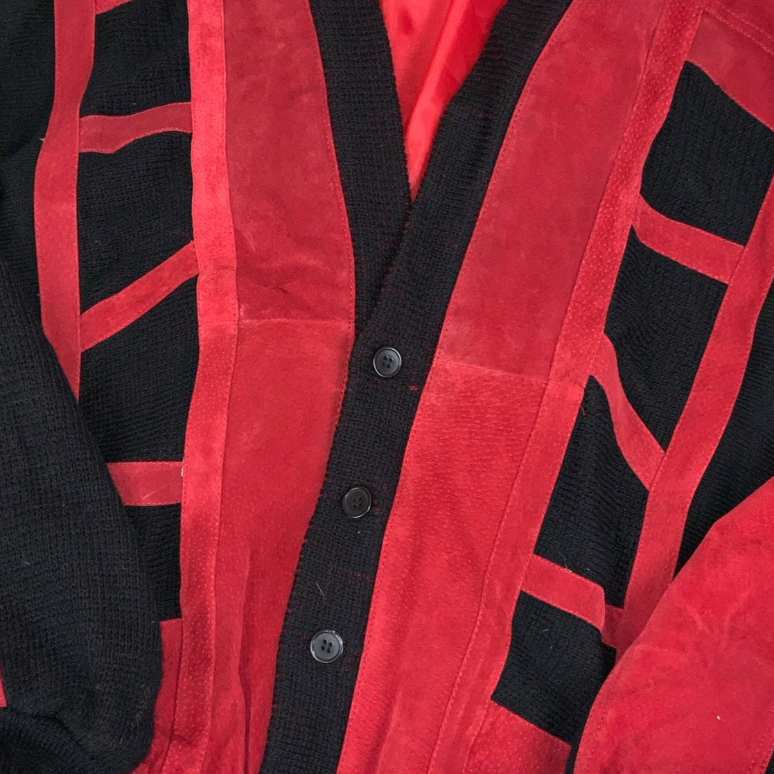 Vintage 80s Red Black Patchwork Suede Cardigan 16 18 L