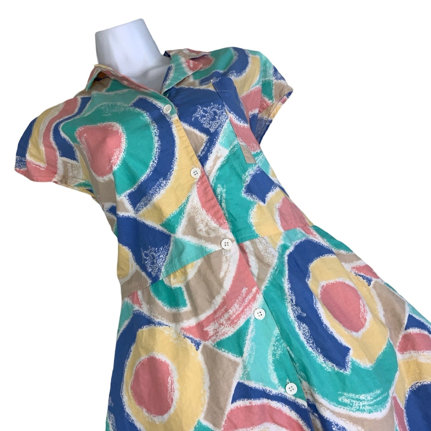 Vintage 90s Blue Green Prink Yellow White Pastel Midi Shirt Dress 14