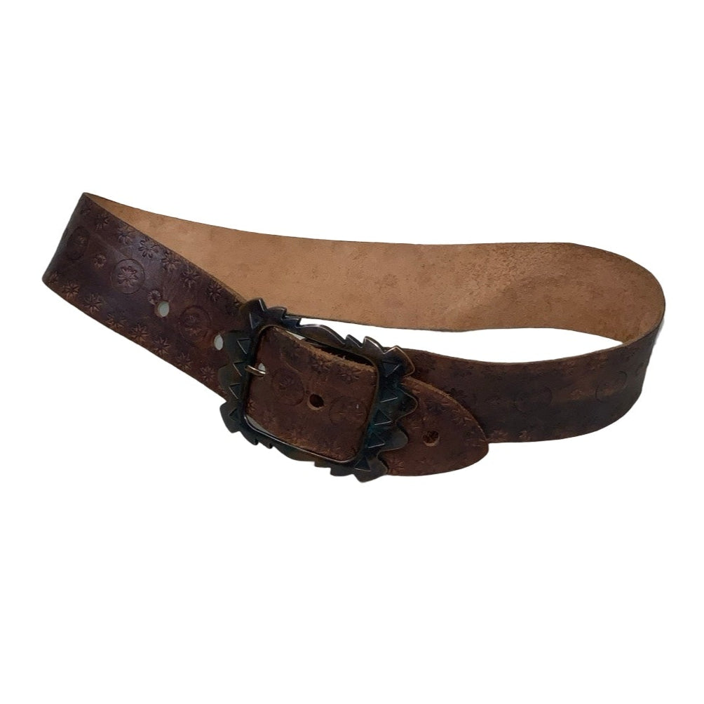 Vintage 80s 90s Brown Leather Floral Carved Geometric Buckle Belt