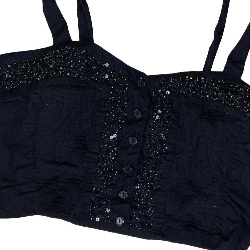 Vintage 90s Y2K ‘Best Connections’ Black Beaded Sequin Crop Tank Top 6 XS