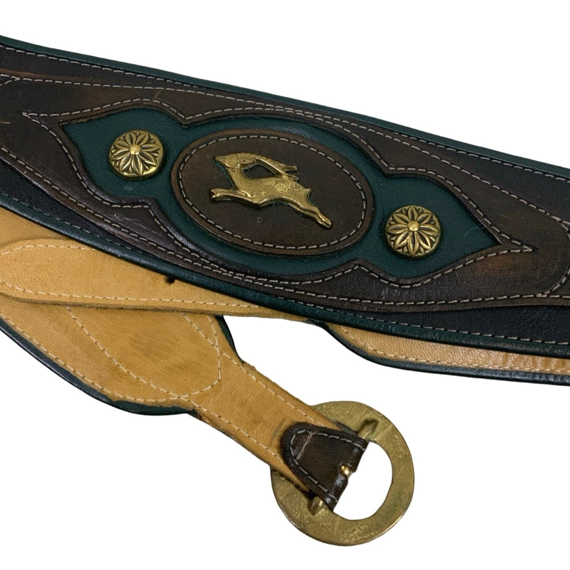 Vintage 80s 90s ‘Ray Busa’ Green Black Brown Leather Deer Stud Buckle Gold Leaf