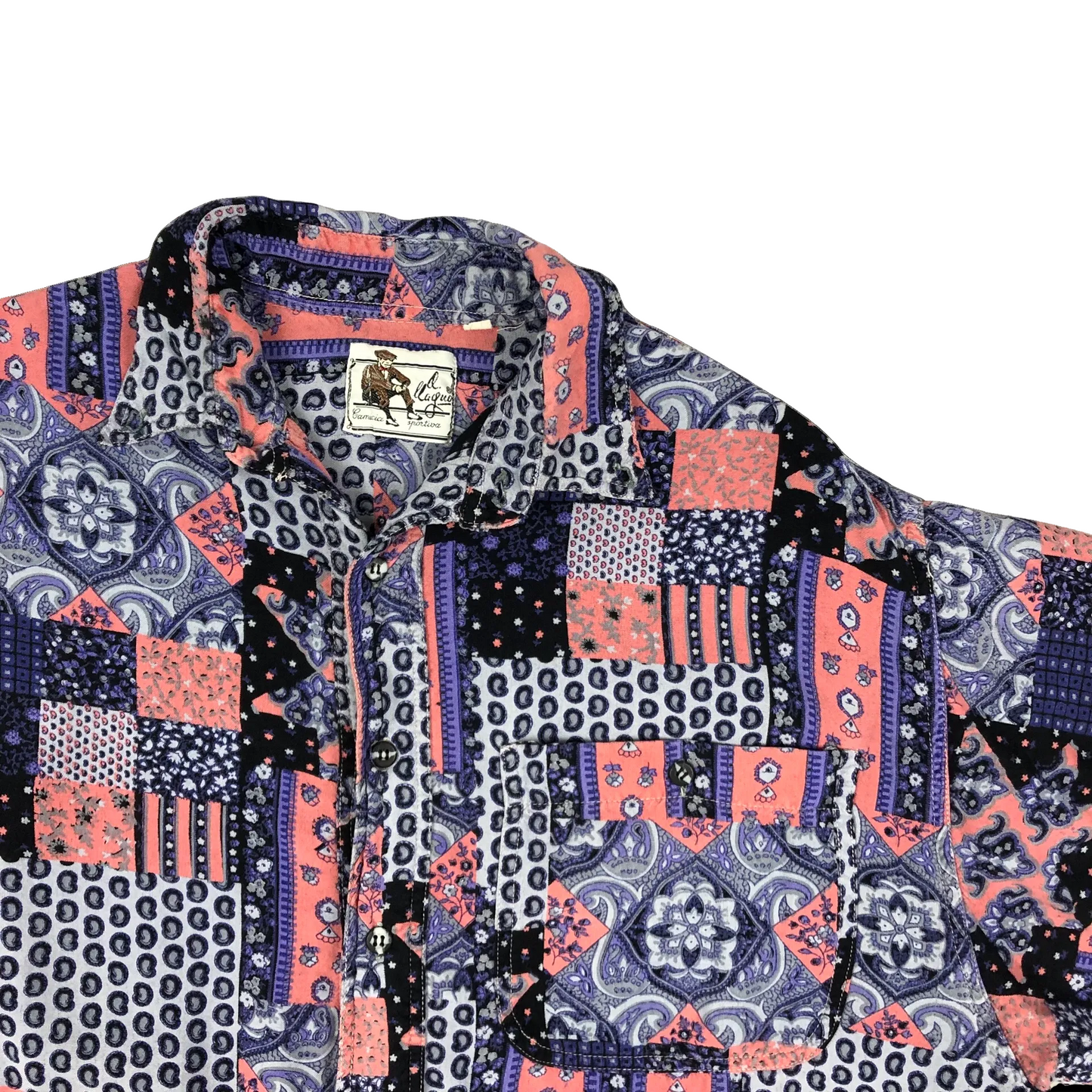 Vintage Purple, Pink, and Black Abstract Print Short Sleeve Shirt M