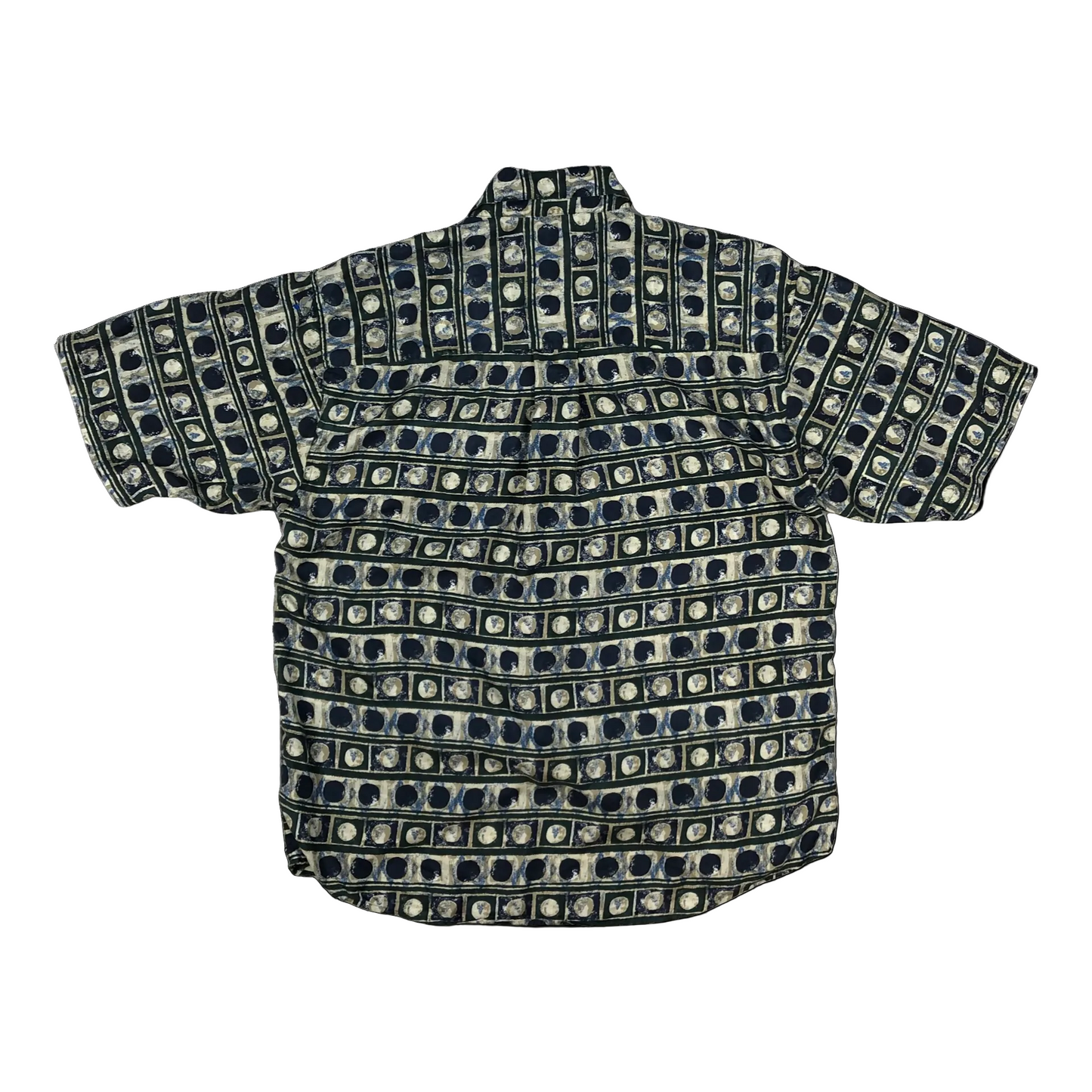 Vintage Abstract Circle Square Print Blue Short Sleeve Shirt L