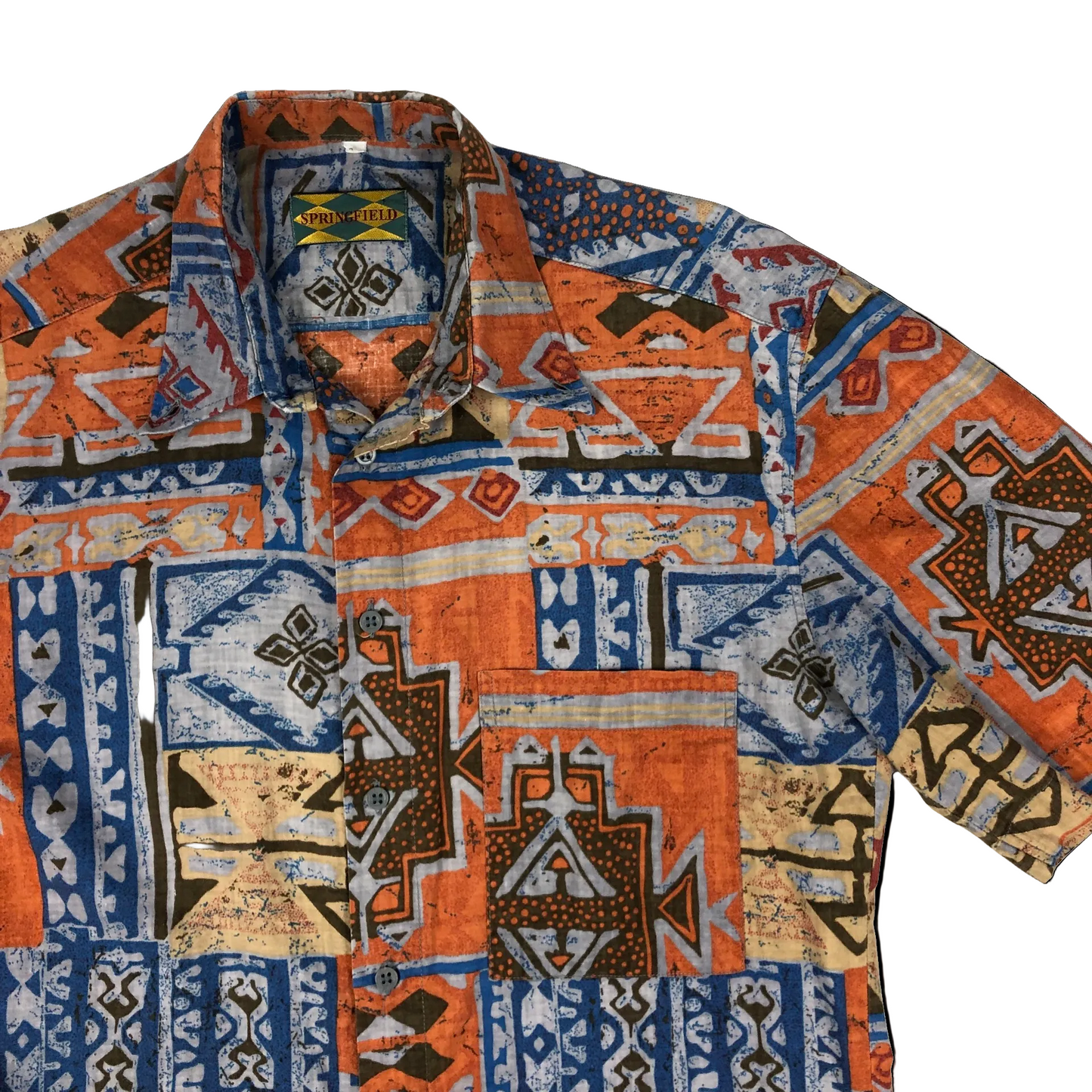 Vintage Orange Brown and Blue Crazy Aztec Pattern Print Shirt M