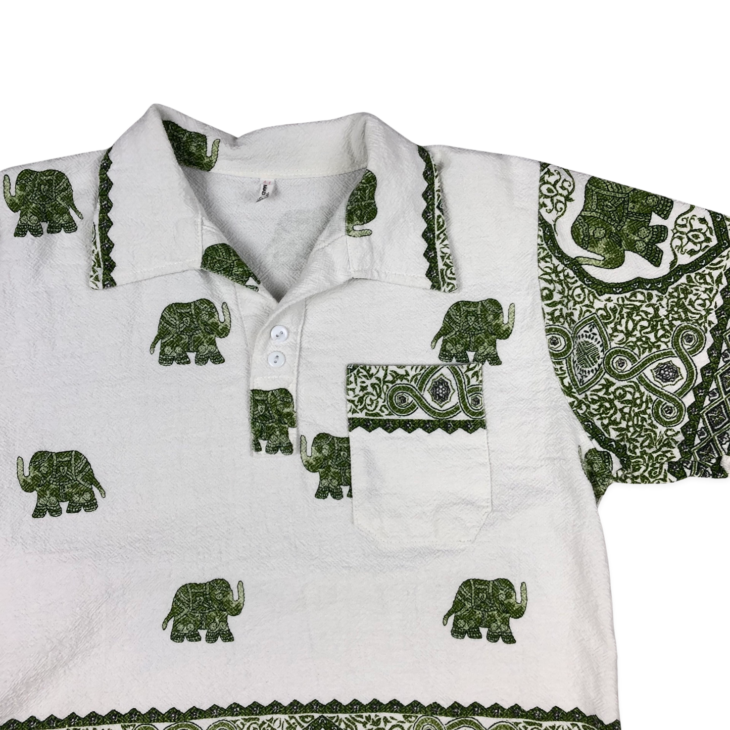 Vintage Green and White Elephant Print Polo Shirt S