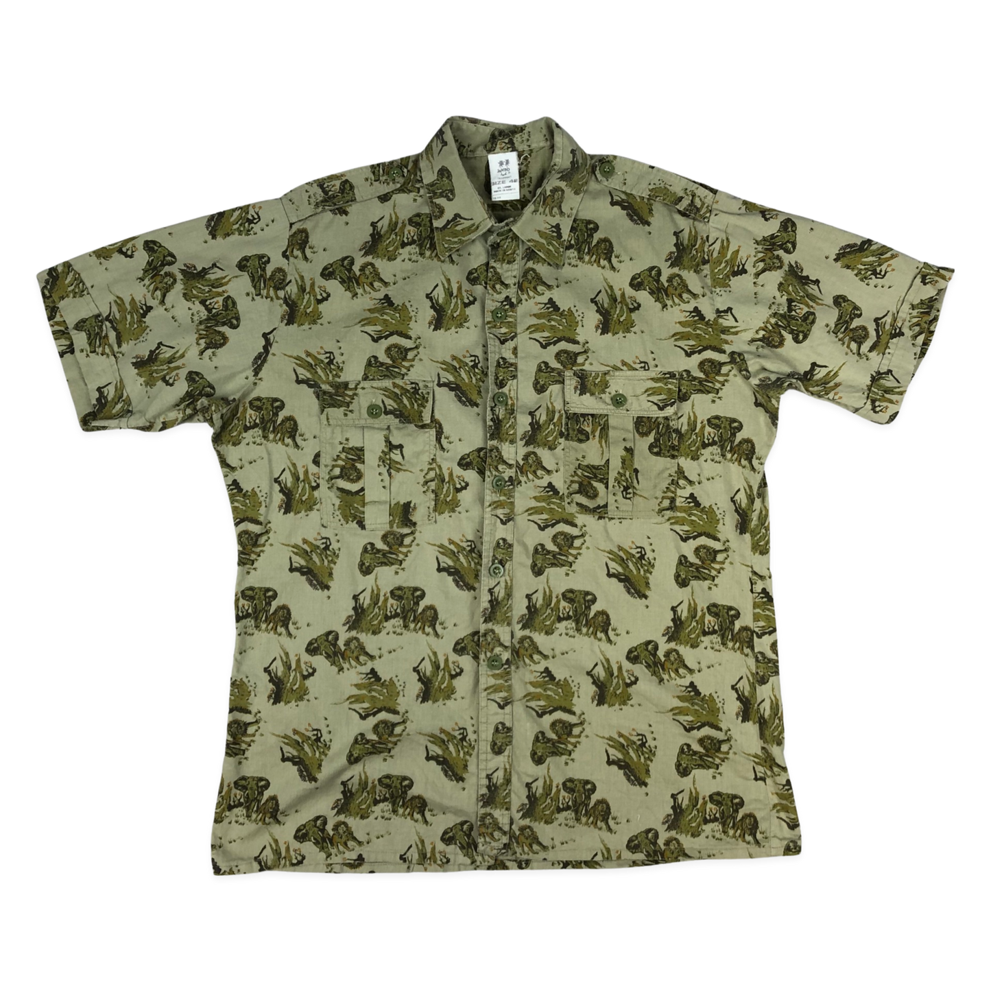 Vintage Safari Print Lions Elephants Khaki Printed Shirt XL