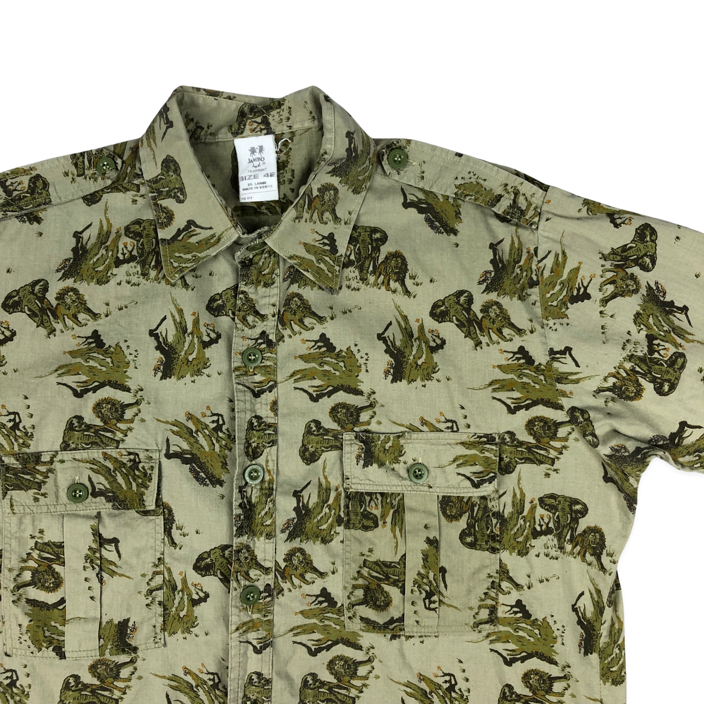 Vintage Safari Print Lions Elephants Khaki Printed Shirt XL