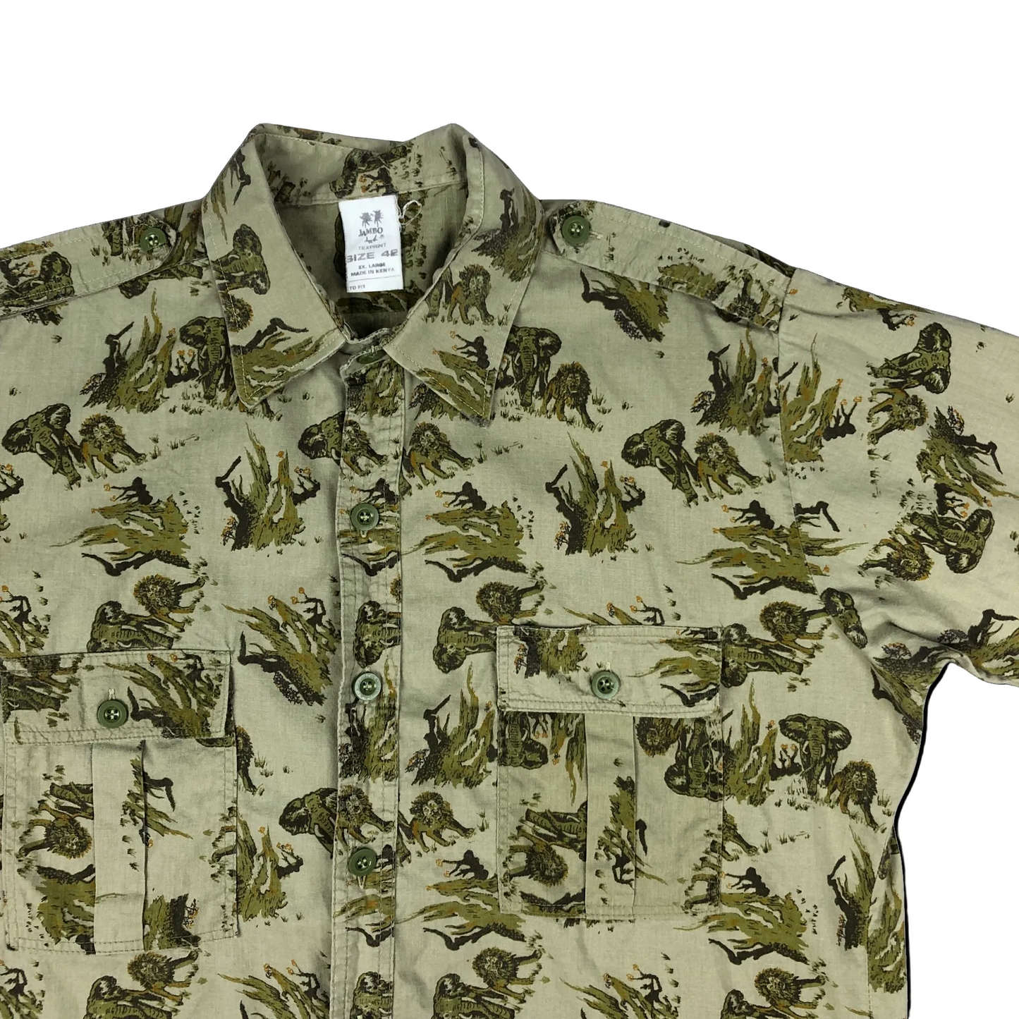 Vintage Green Safari Print Lions Elephants Khaki Printed Shirt L