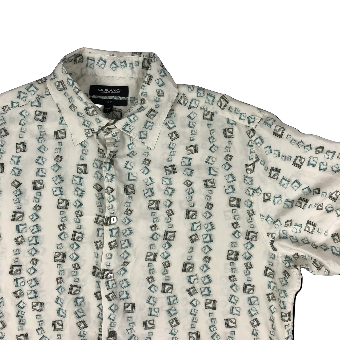 Vintage Abstract Print White Silk Short Sleeve Shirt XL