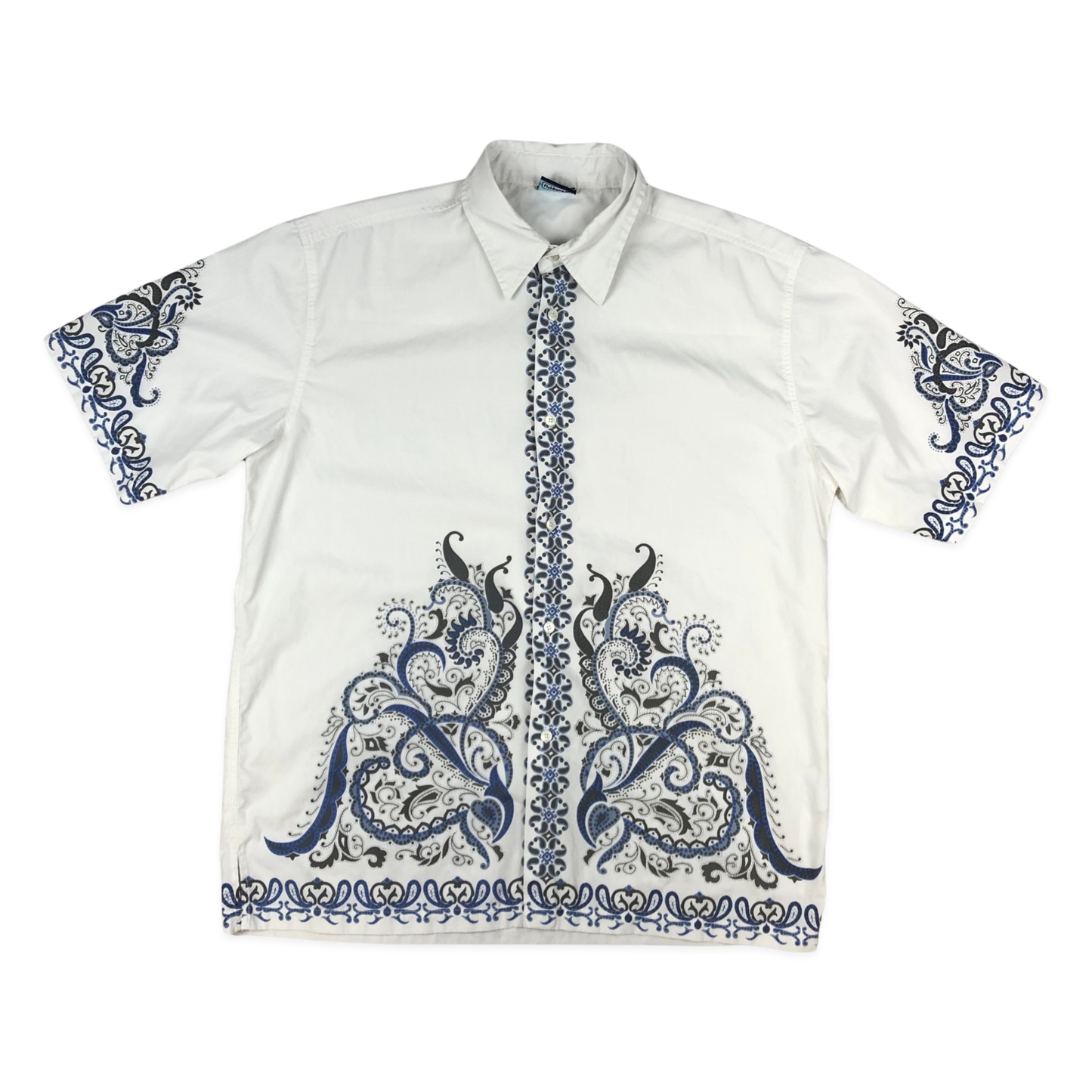 Vintage Y2K Fishbone Surfer Style White and Blue Printed Shirt M-XL