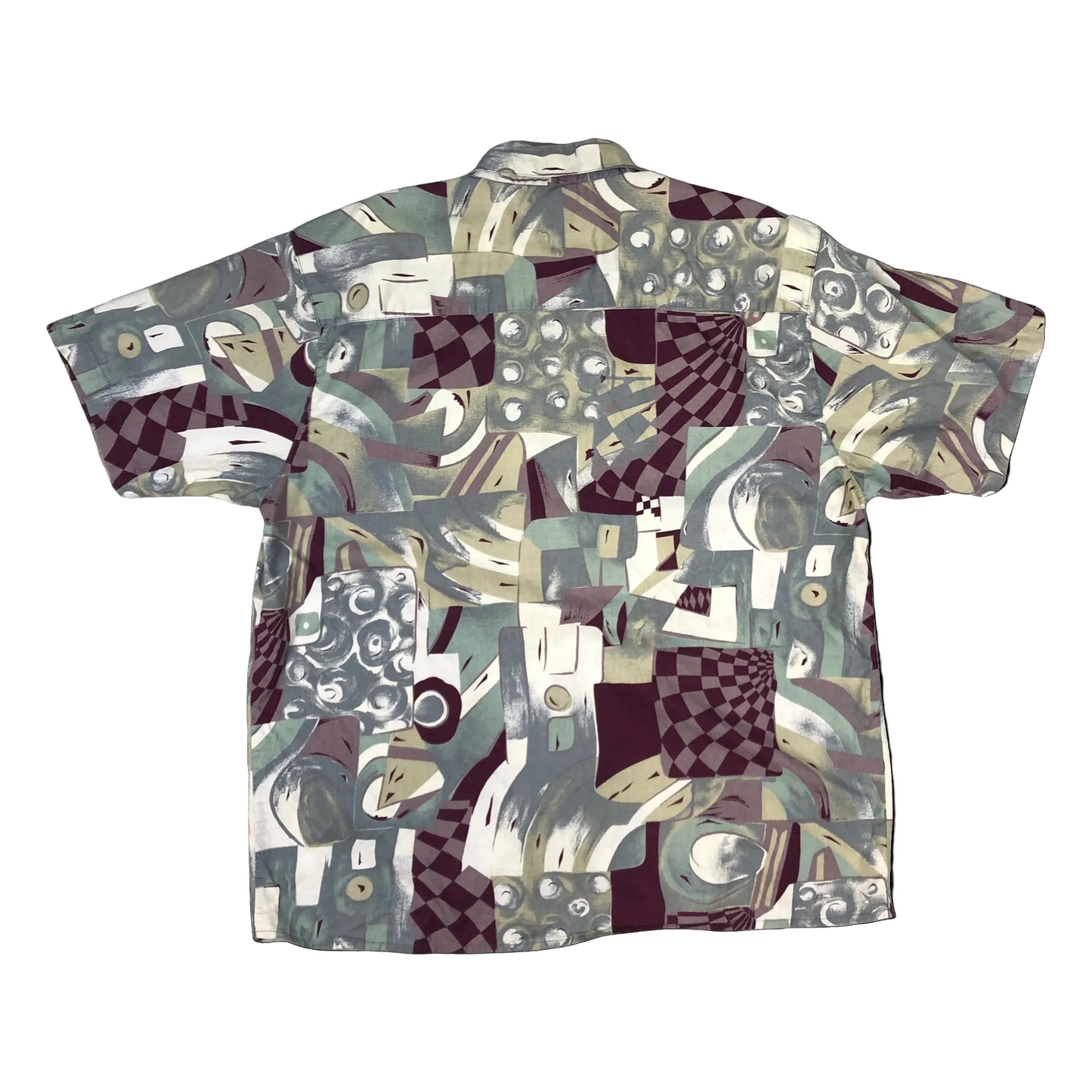 Vintage 80s Crazy Pattern print Red, Grey, and White Short Sleeve Shirt L