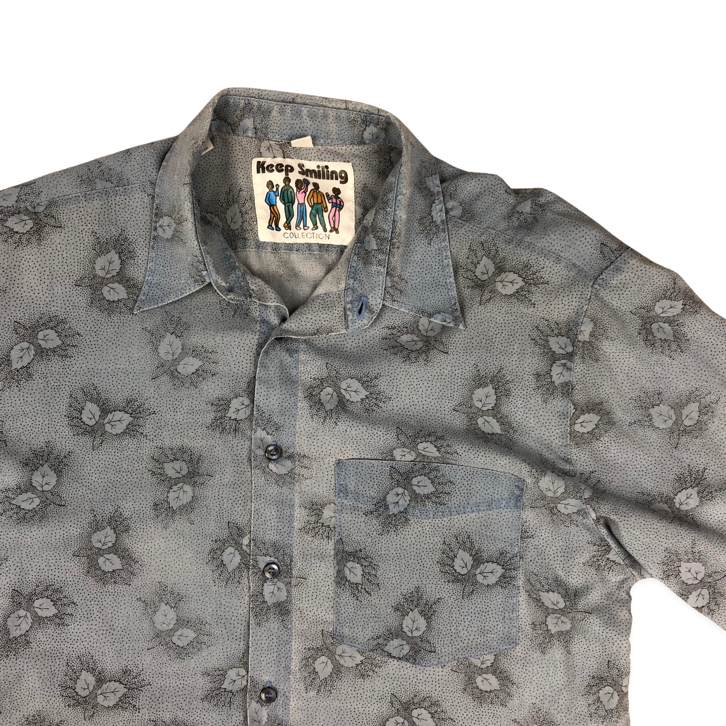 Vintage 80s Leaf Print Blue Shirt L