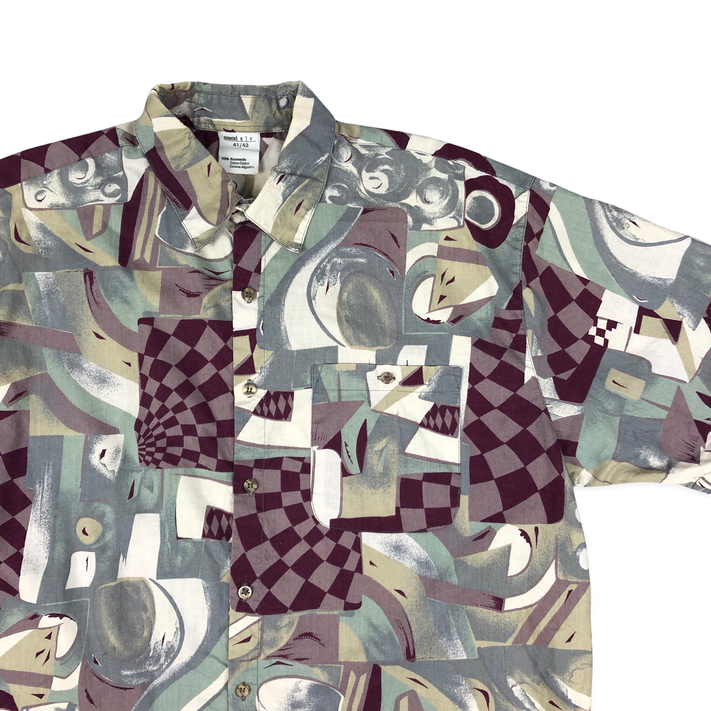 Vintage 80s Crazy Pattern print Red, Grey, and White Shirt XL