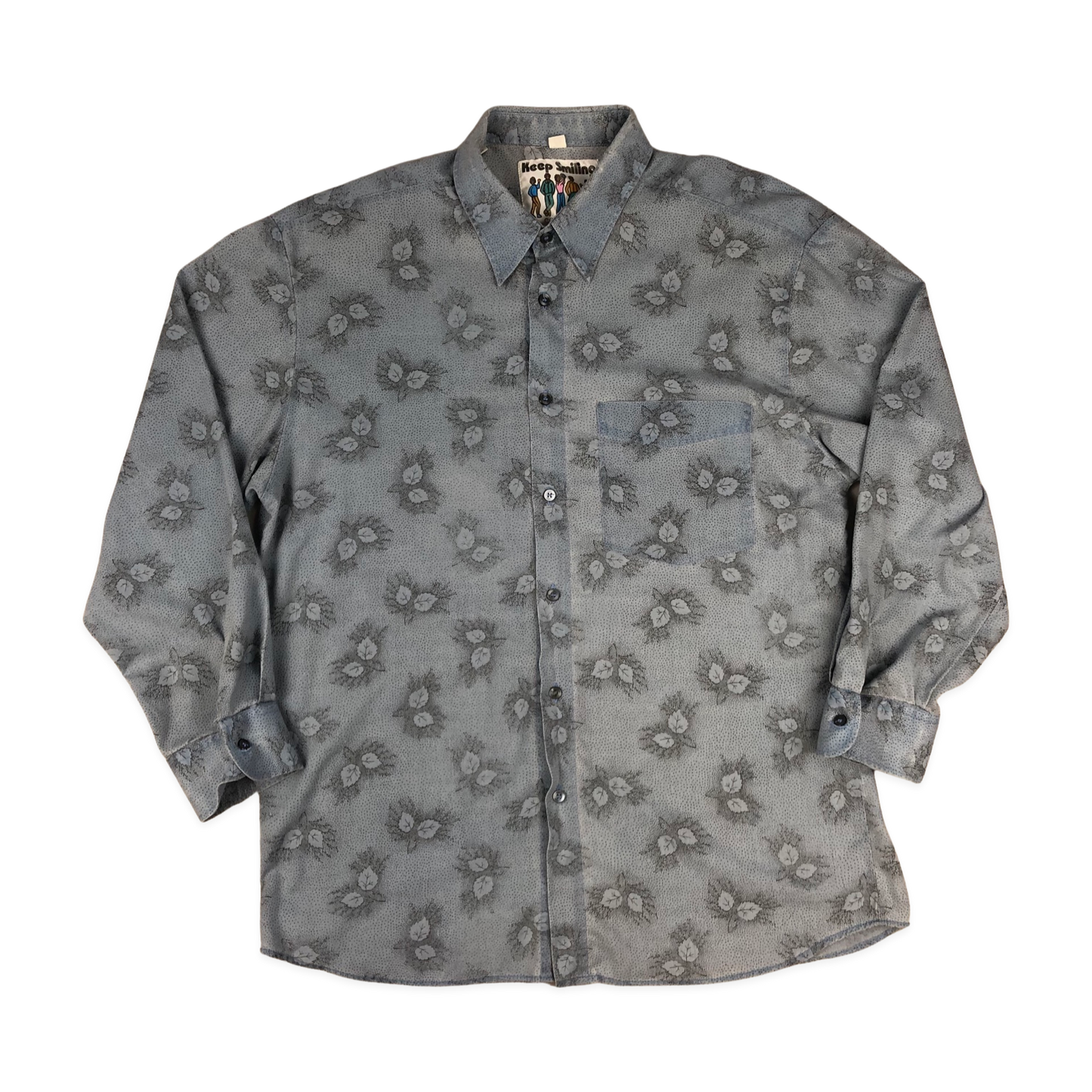 Vintage 80s Leaf Print Blue Shirt L