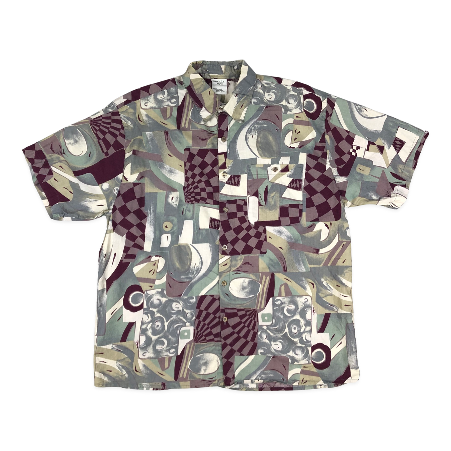 Vintage 80s Crazy Pattern print Red, Grey, and White Shirt XL