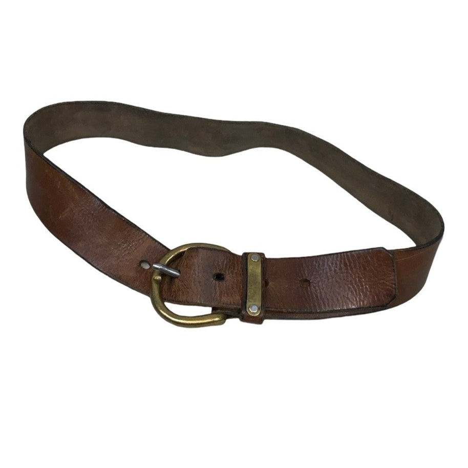Vintage 80s 90s Brown Leather Gold Buckle Belt