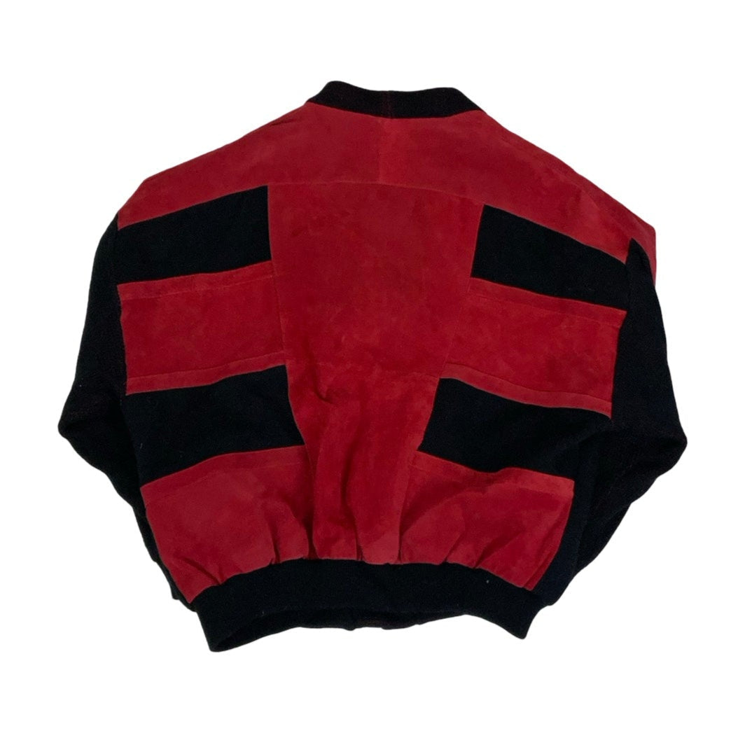 Vintage 80s Red Black Patchwork Suede Cardigan 16 18 L