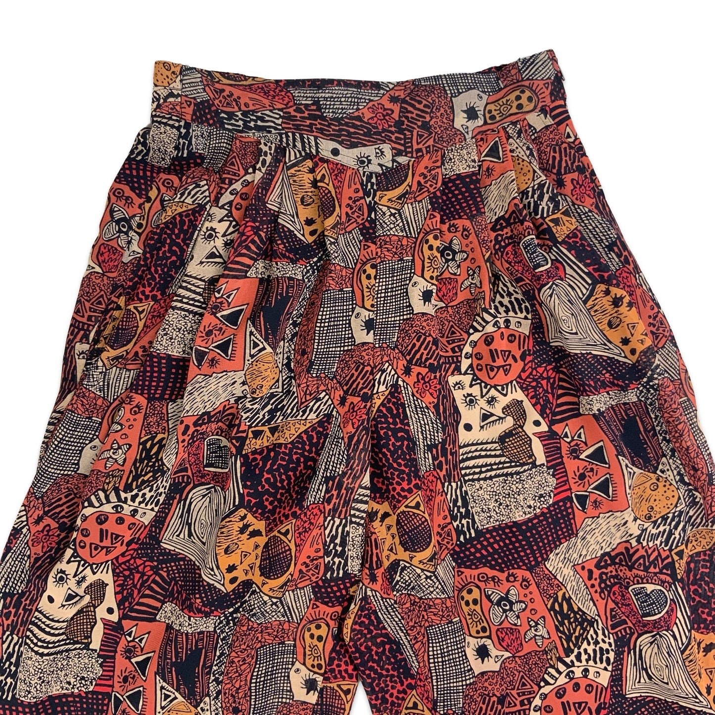 Vintage Red & Black Print Wide Leg Trousers 6 8 10
