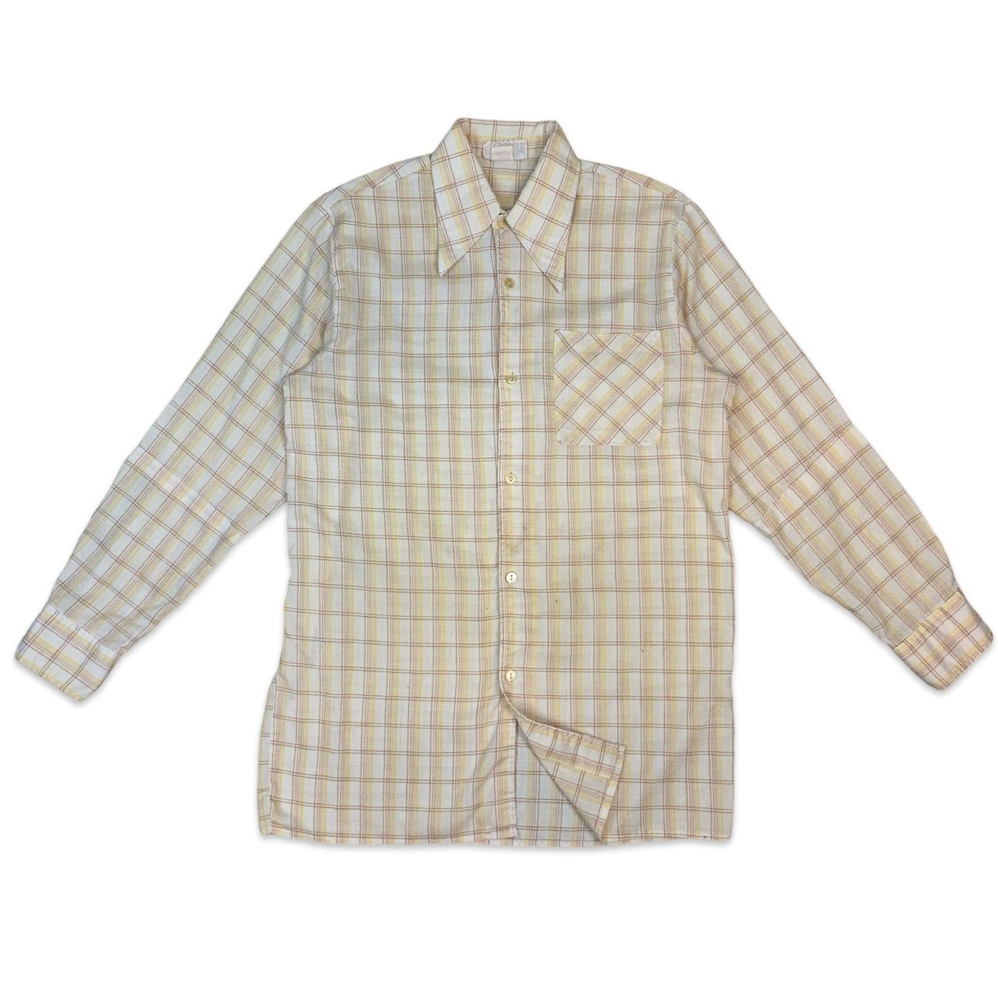 70s Cream Yellow Orange Plaid Dagger Collar Long Sleeve Shirt S M