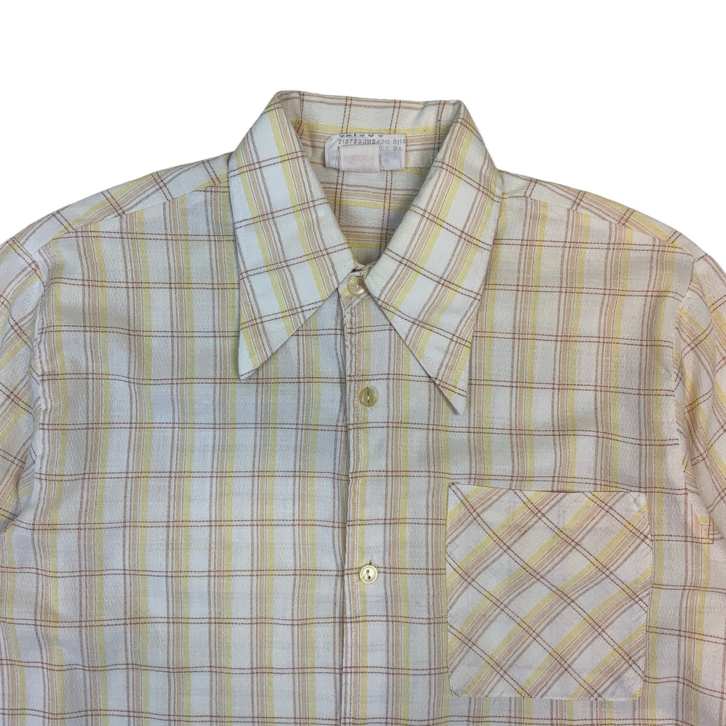 70s Cream Yellow Orange Plaid Dagger Collar Long Sleeve Shirt S M