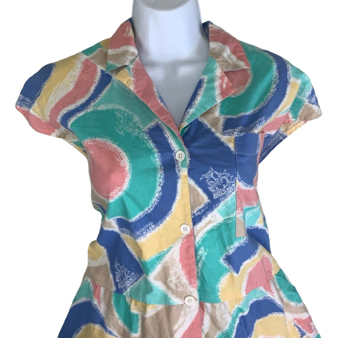 Vintage 90s Blue Green Prink Yellow White Pastel Midi Shirt Dress 14