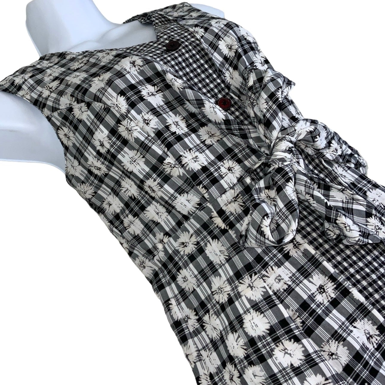 Vintage 90s Black White Floral Check Gingham Sleeveless Maxi Dress 8 10