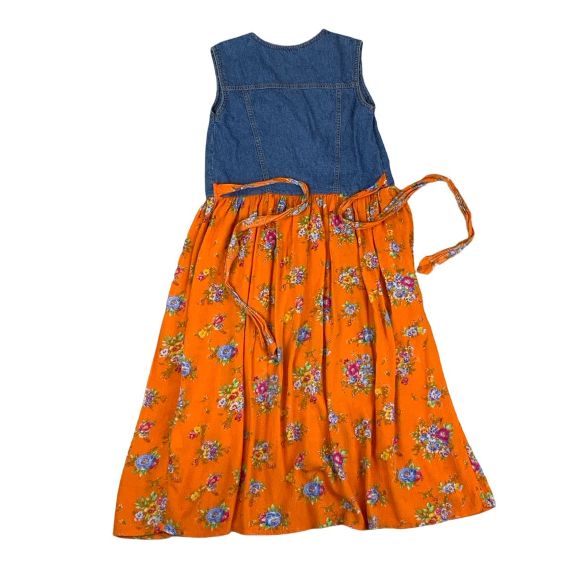 Vintage 90s Y2K Orange Floral Midi Sleeveless Denim Summer Dress 6 8 XS