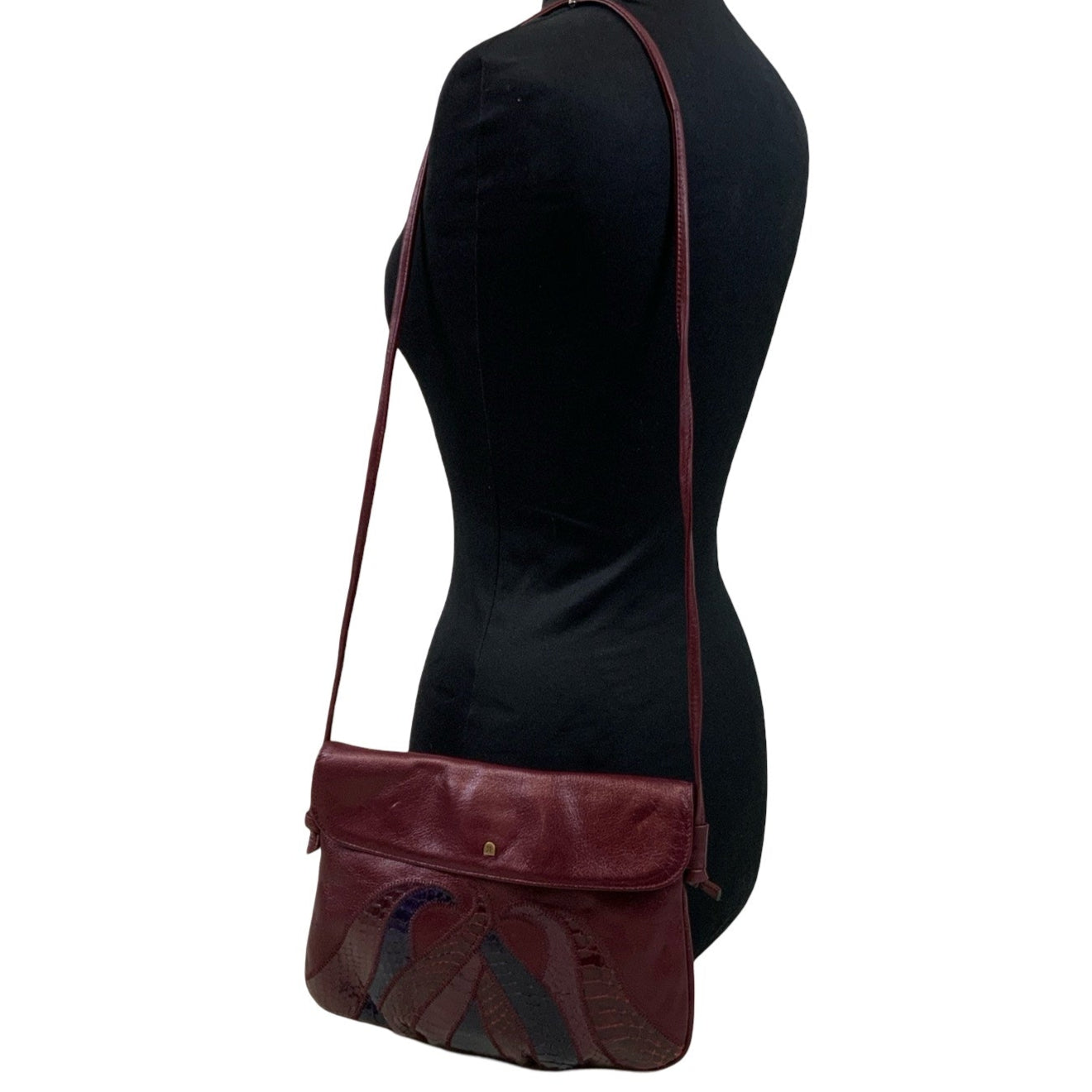 Vintage 90s does 70s Burgundy Black Snakeskin Shoulder Patchwork Purse Shoulder
