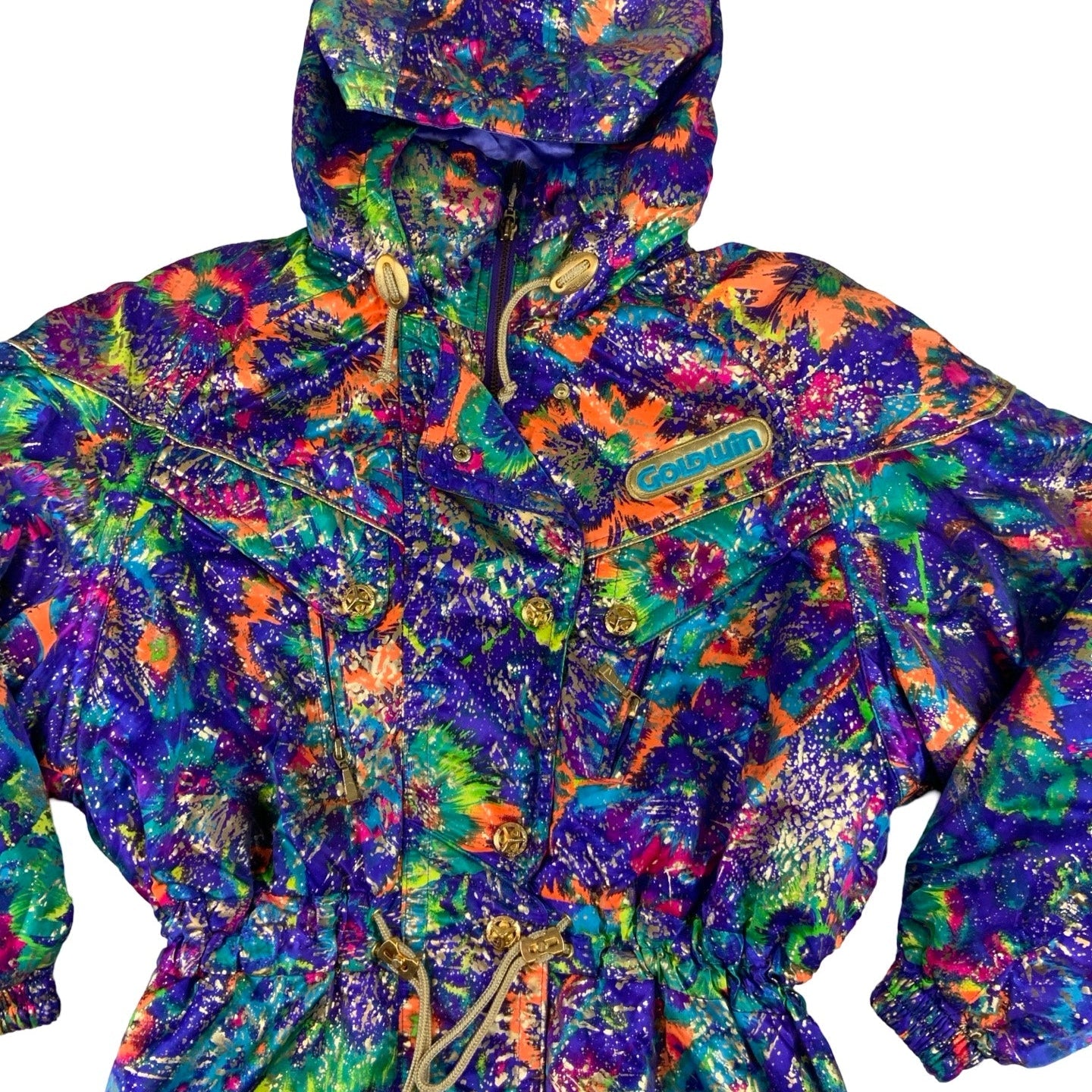 Vintage 80s 90s ‘Gold Win’ Purple Paint Splatter Ski Puffer Coat Jacket L 12 14