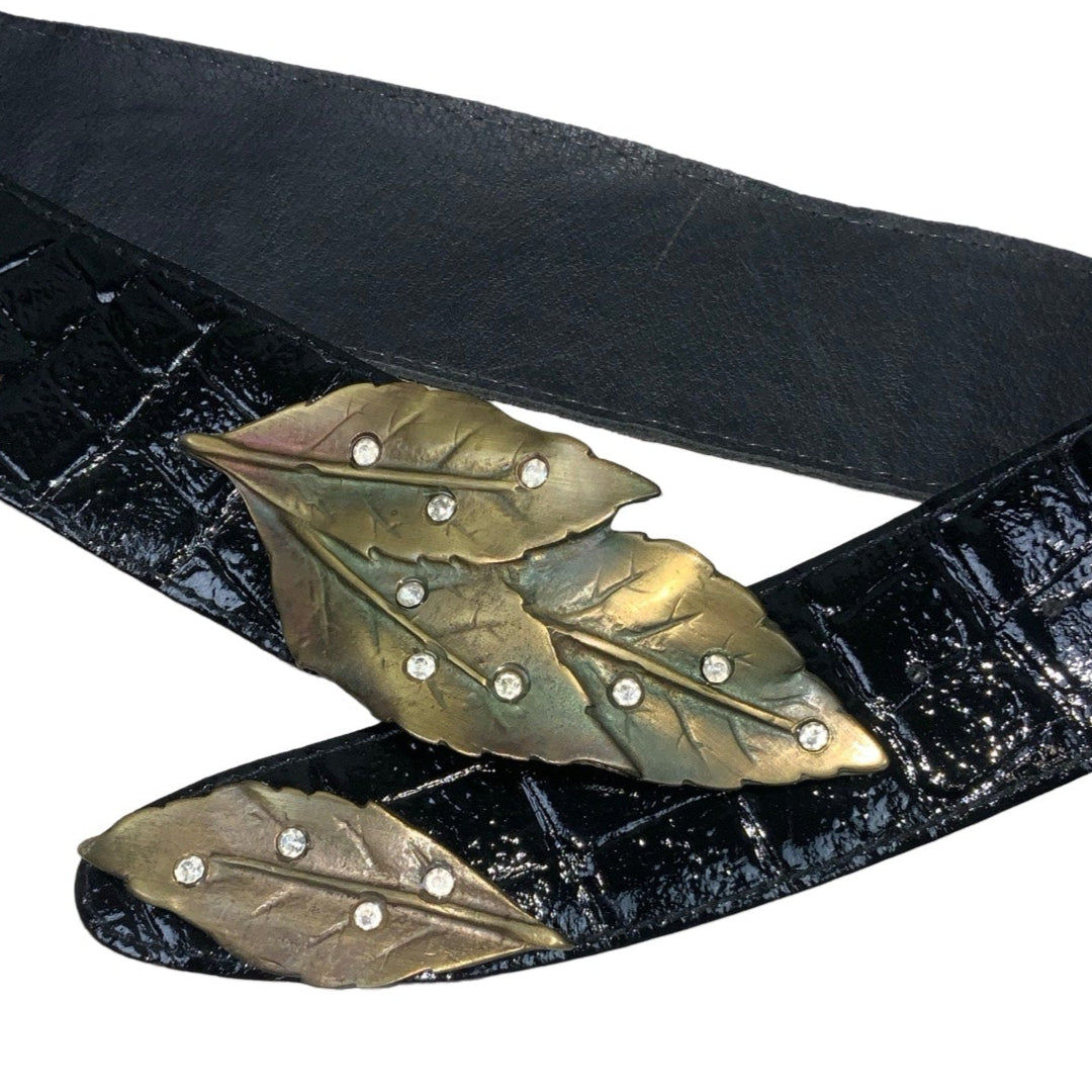 Vintage 80s Black Textured Glossy Leather Diamante Brass Leaf Buckle Belt