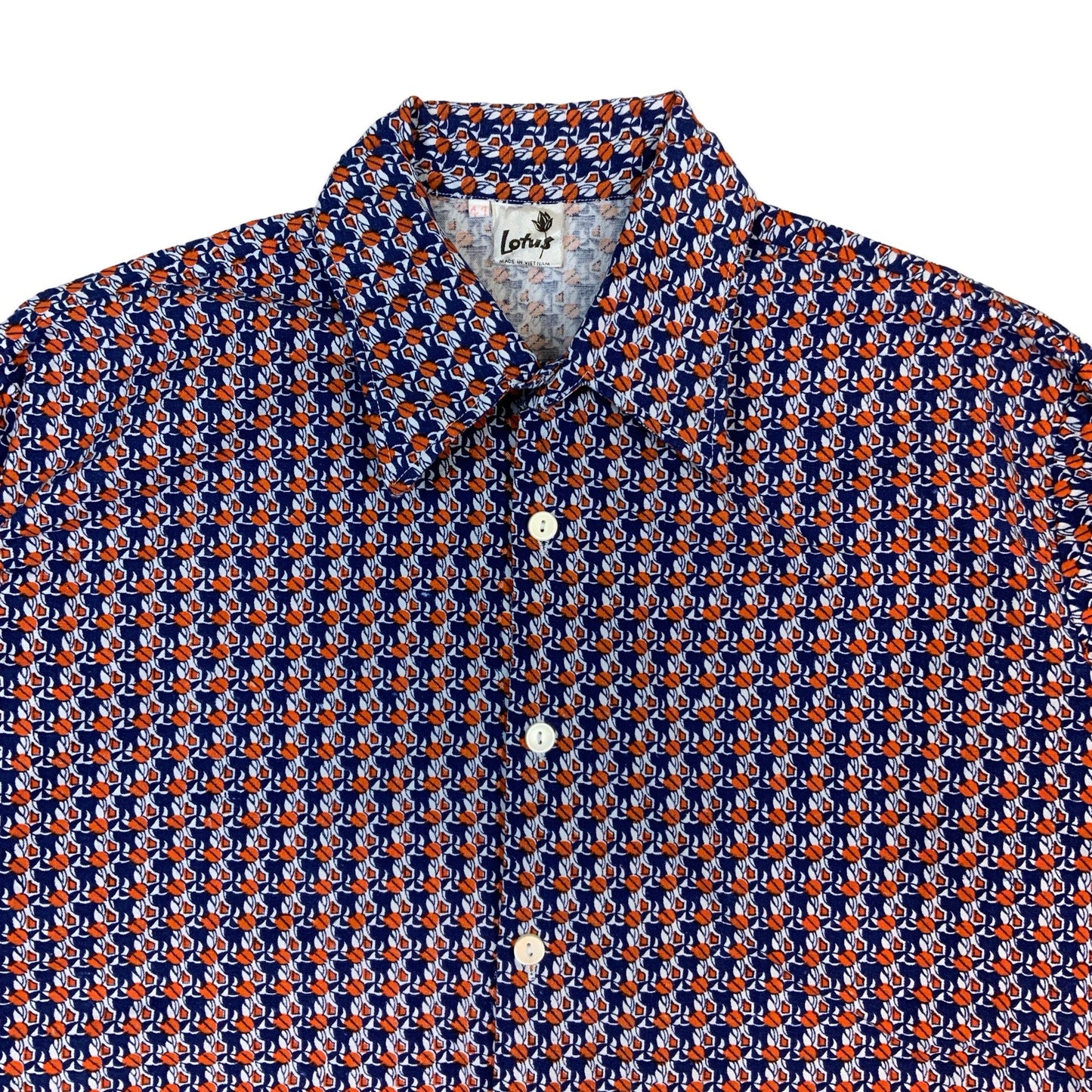 70s White Blue & Orange Abstract Print Shirt XL