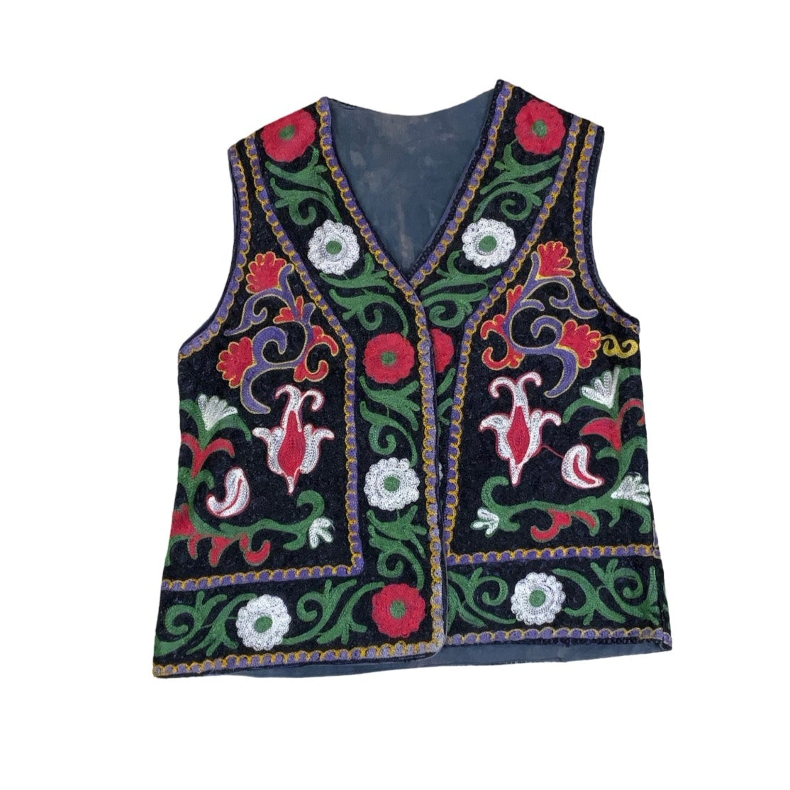 Vintage 90s Red Green White Black Embroidered Tapestry Folk Botanical Waistcoat