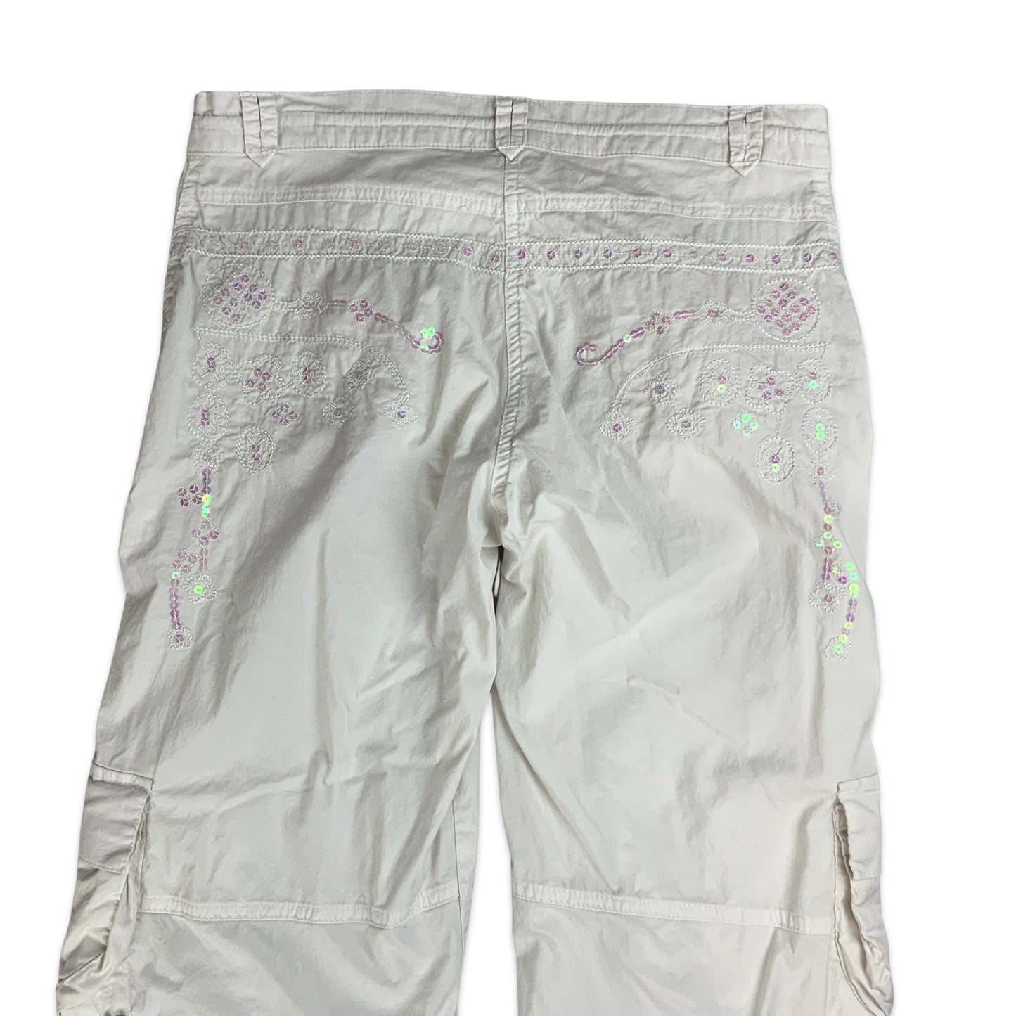 Y2K White Cargo Trousers with Sequin Embellishment 8 10 12