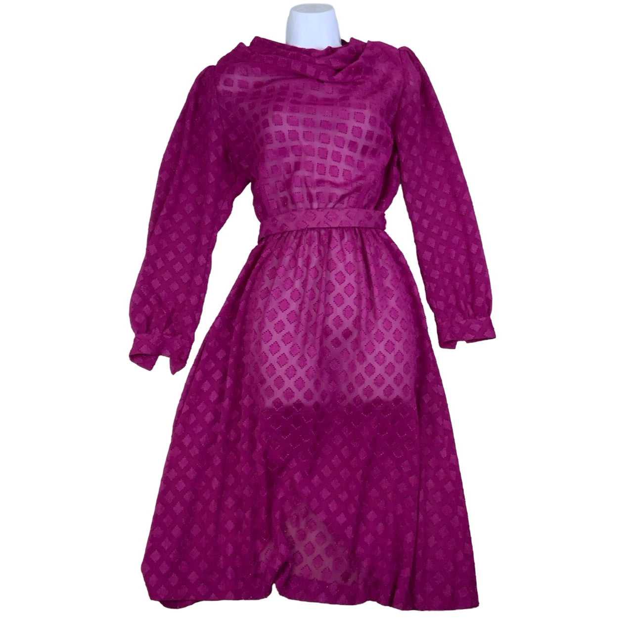 Vintage 70s 80s Pink Textured Diamond Cowl Neck Drop Waist Midi Dress 10 12