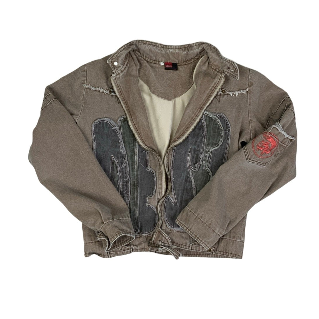 Vintage RARE 90s ‘Diesel’ Brown Grey Embroidered Bomber Denim Jacket UK 6 8 10 S