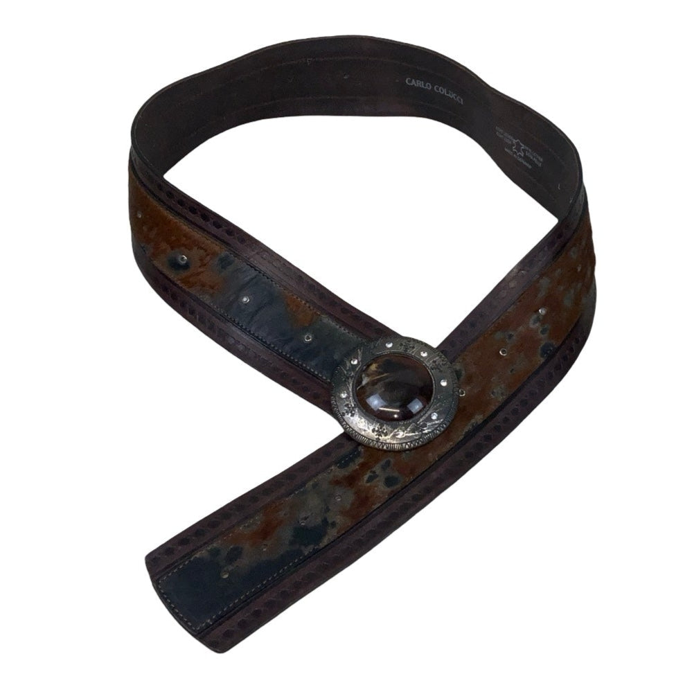 Vintage 70s 80s ‘Carl Colucci’ Brown Leather Cow Print Stud Buckle Belt