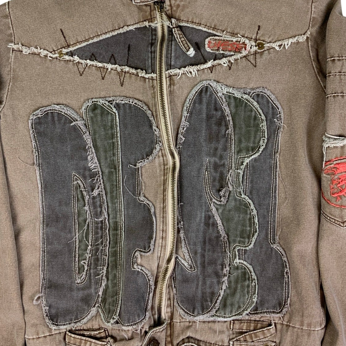 Vintage RARE 90s ‘Diesel’ Brown Grey Embroidered Bomber Denim Jacket UK 6 8 10 S