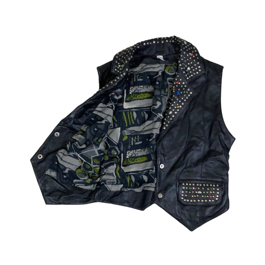 Vintage 80s 90s Black Punk Studded Leather Waistcoat 14 16