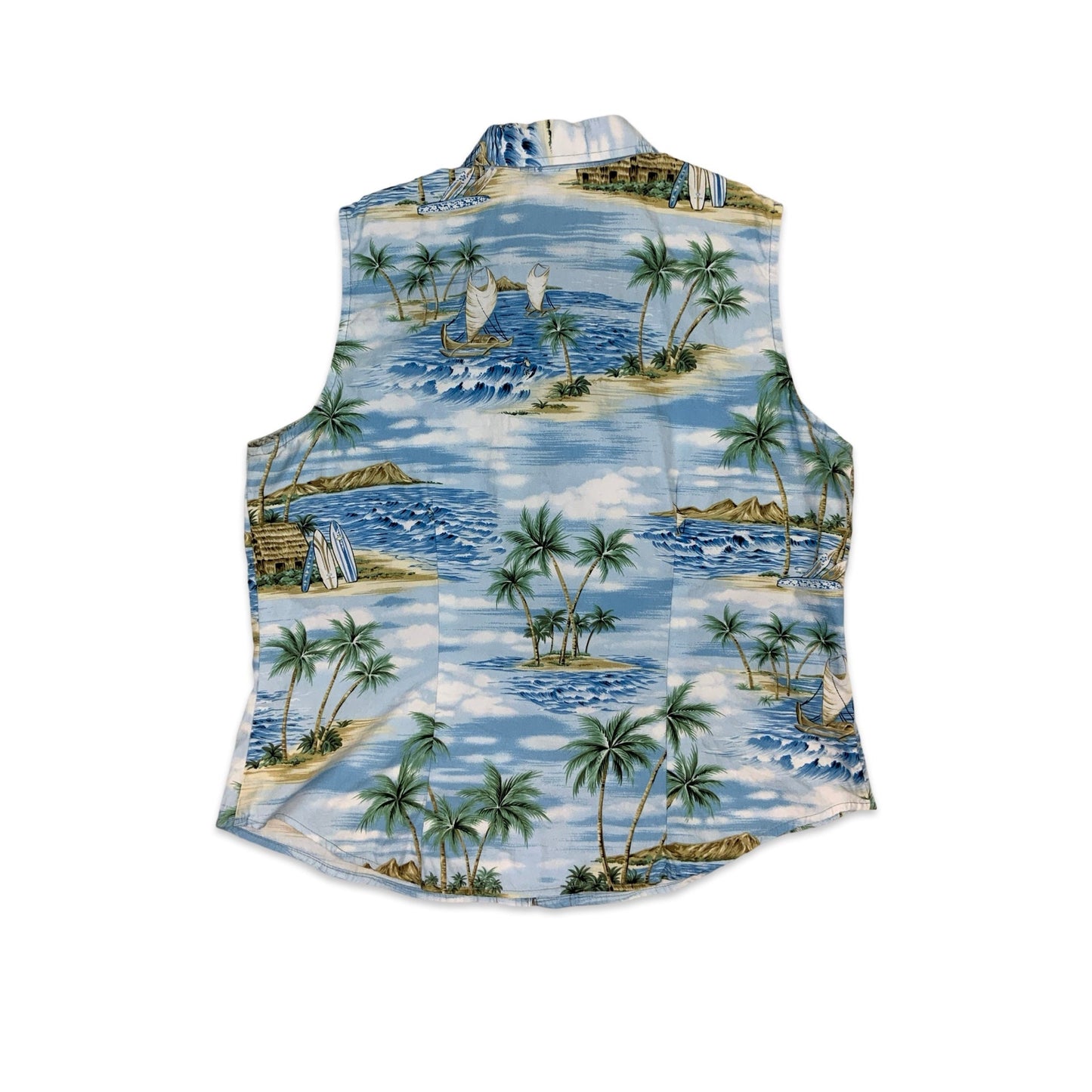 90s Blue Button Up Hawaiian Sleeveless Blouse 10 12