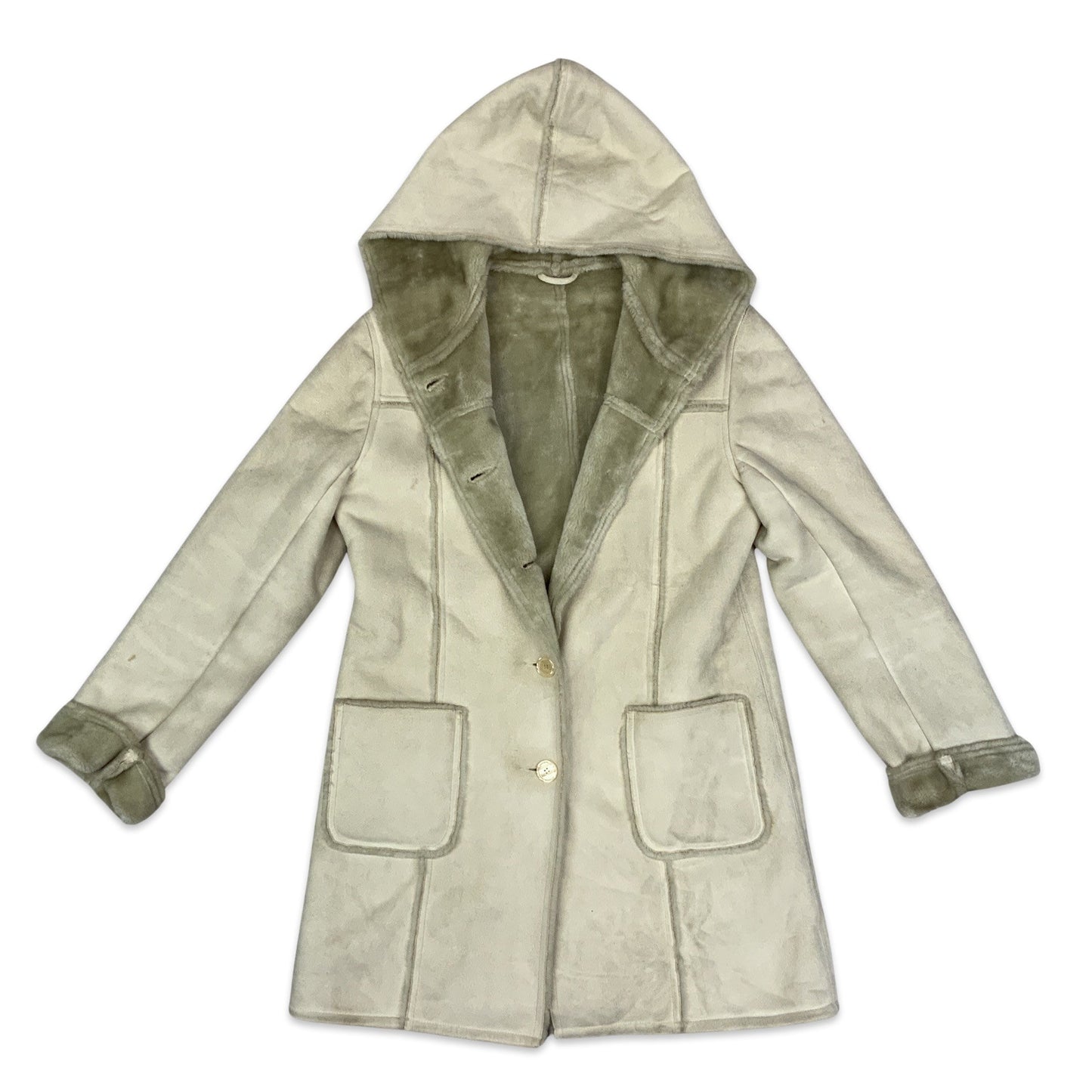 Vintage 90s Cream Hooded Sheepskin Shearling Coat 14 16